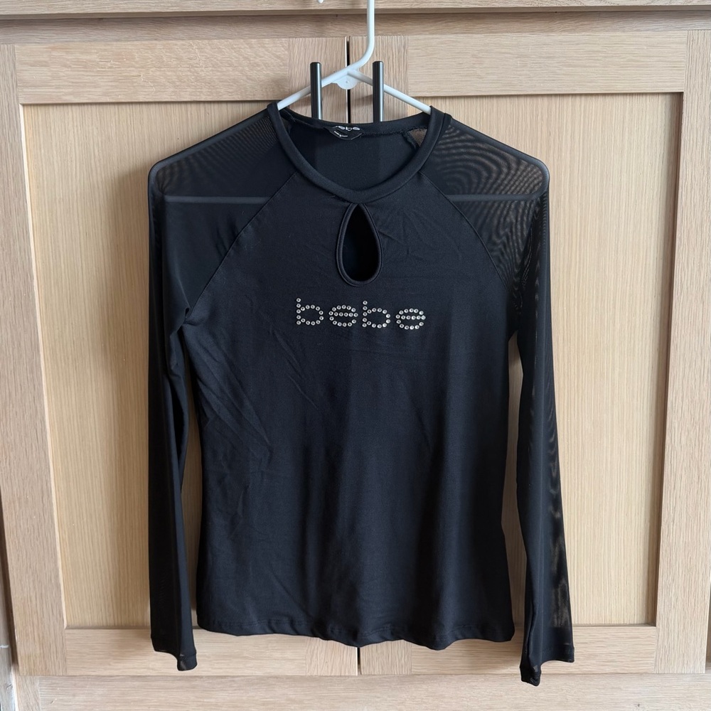 Bebe Black Mesh Detail Long Sleeve Top